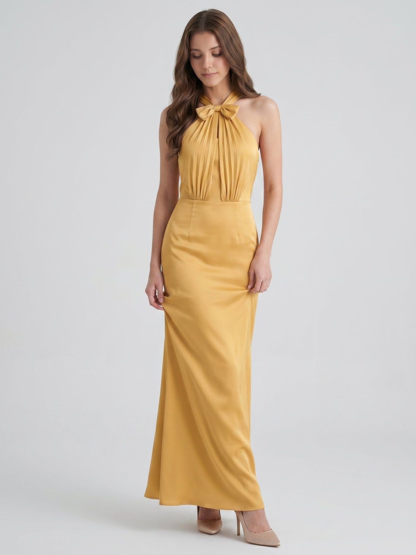 Gold Satin column Halter Floor-Length Bridesmaid Dress with Bow - Curvevia