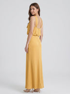 Gold Satin column Halter Floor-Length Bridesmaid Dress with Bow - Curvevia