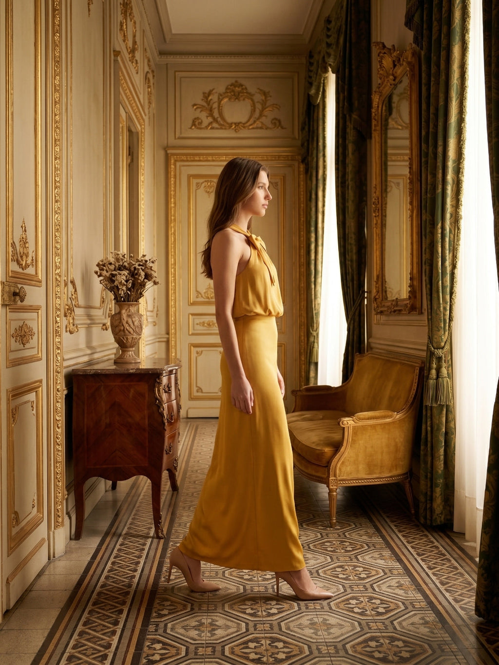 Gold Satin column Halter Floor-Length Bridesmaid Dress with Bow - Curvevia