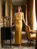 Gold Satin column Halter Floor-Length Bridesmaid Dress with Bow - Curvevia