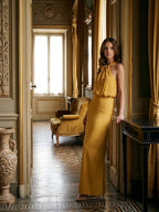 Gold Satin column Halter Floor-Length Bridesmaid Dress with Bow - Curvevia