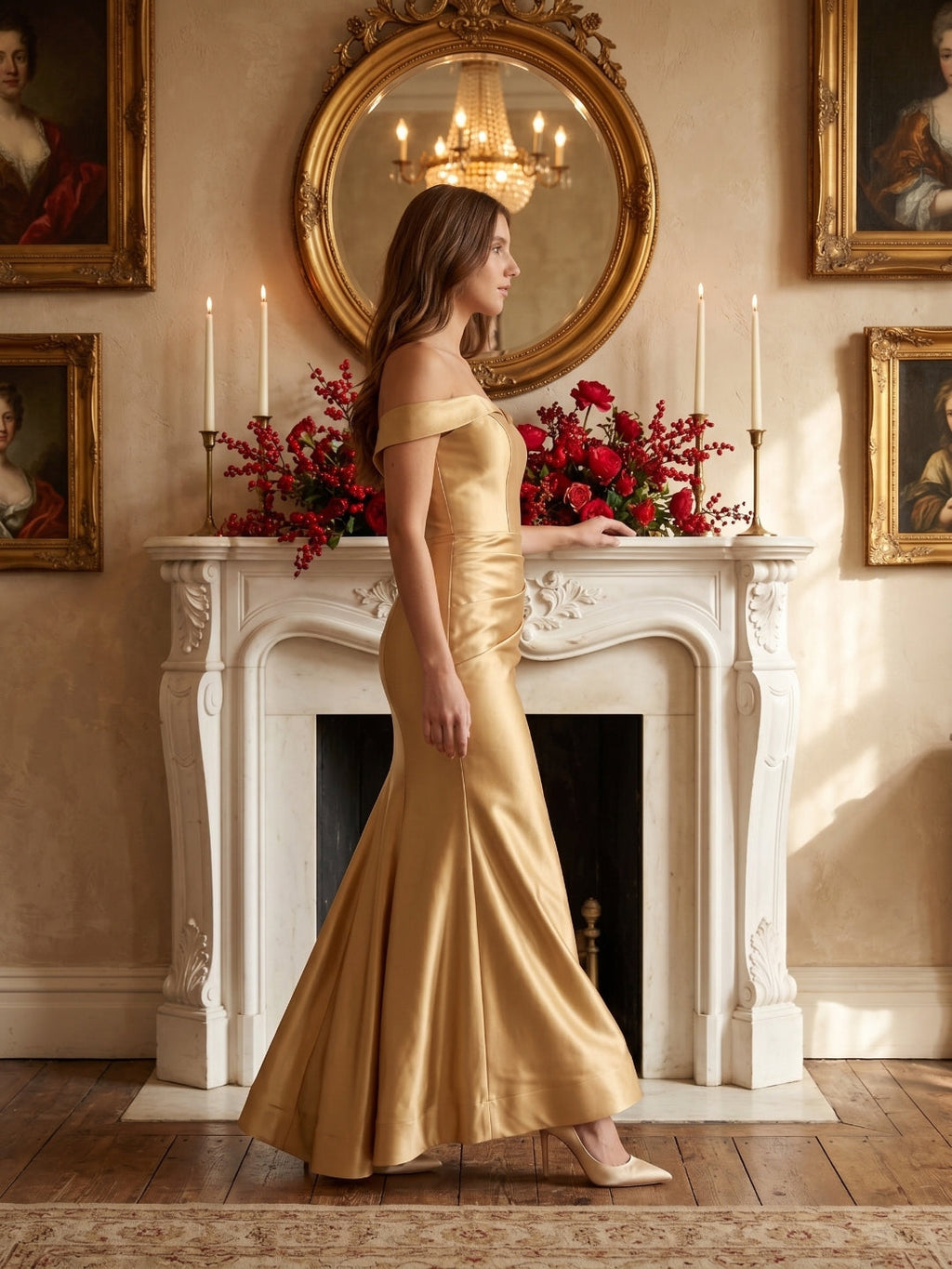 Gold Satin column Off-the-Shoulder Corset Back Floor-Length Bridesmaid Dress - Curvevia