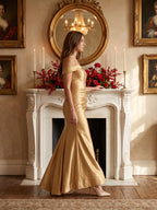 Gold Satin column Off-the-Shoulder Corset Back Floor-Length Bridesmaid Dress - Curvevia