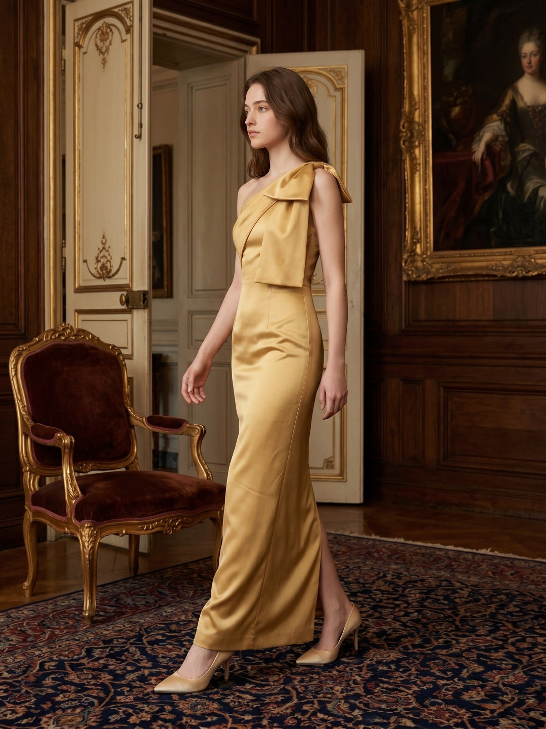 Gold Satin column One-Shoulder Side-Zip Floor-Length Bridesmaid Dress with Bow - Curvevia