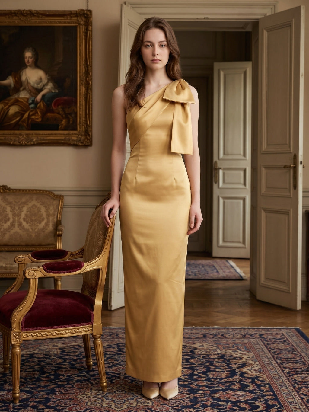 Gold Satin column One-Shoulder Side-Zip Floor-Length Bridesmaid Dress with Bow - Curvevia