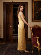 Gold Satin column One-Shoulder Side-Zip Floor-Length Bridesmaid Dress with Bow - Curvevia