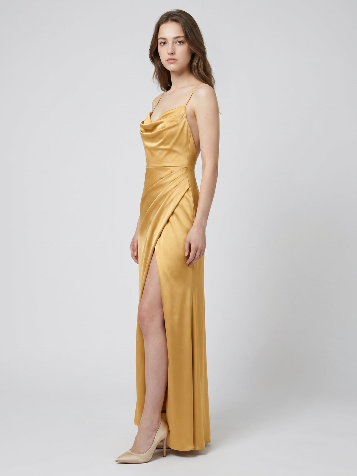 Gold Satin column Square Neck Floor-Length Bridesmaid Dress - Curvevia
