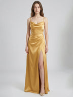 Gold Satin column Square Neck Floor-Length Bridesmaid Dress - Curvevia