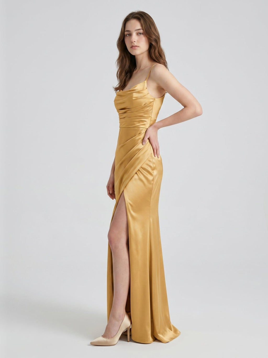 Gold Satin column Square Neck Floor-Length Bridesmaid Dress - Curvevia