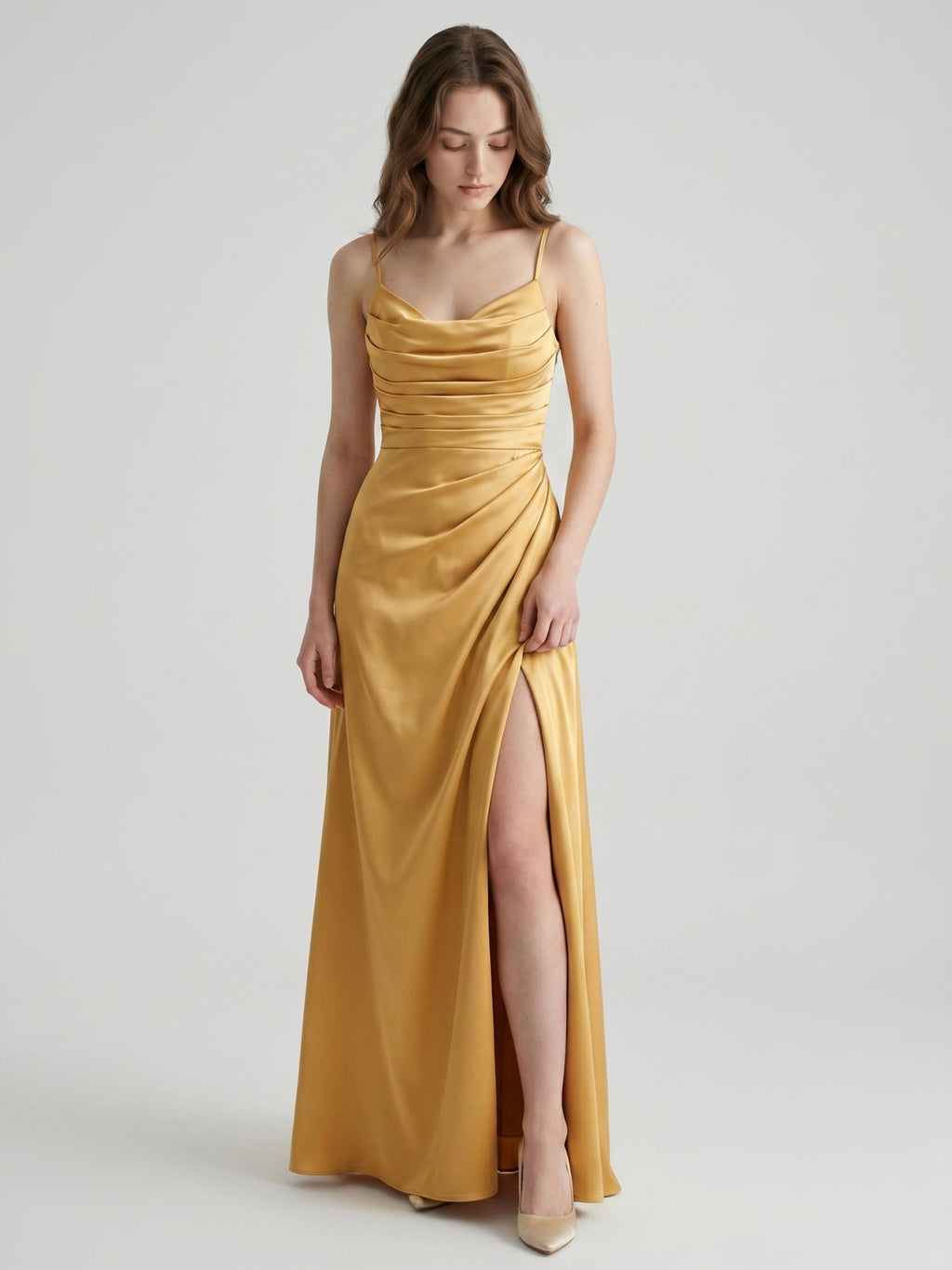 Gold Satin column Square Neck Floor-Length Bridesmaid Dress - Curvevia