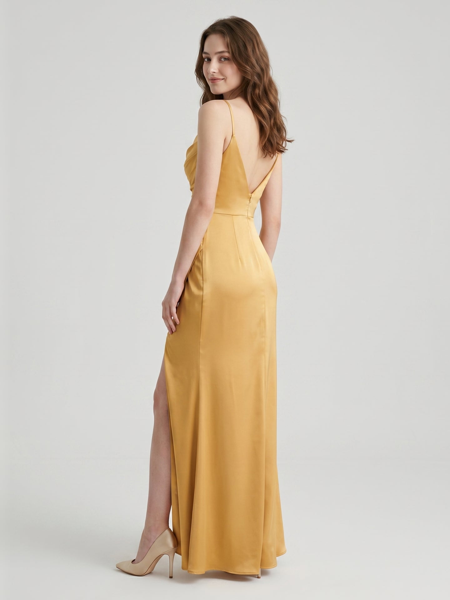 Gold Satin column Square Neck Floor-Length Bridesmaid Dress - Curvevia