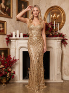 Gold Sequins Mermaid Sweetheart Back Zip Floor-Length Dress with Front Split - Curvevia