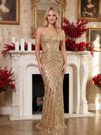 Gold Sequins Mermaid Sweetheart Back Zip Floor-Length Dress with Front Split - Curvevia