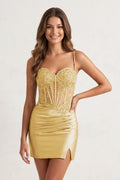 Sage Bodycon Satin Sequined Corset Mini Homecoming Dresses with Lace Appliques - Curvevia