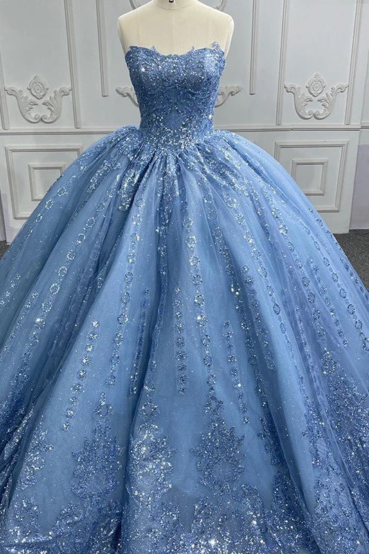 Gorgeous Blue Sleeveless Strapless Ball Gown Quinceanera Dresses - Curvevia