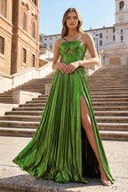 Metallic Keyhole Spaghetti Strap Long Evening Dress with Slit - Curvevia