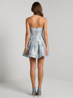 Grey Blue Jacquard A-Line Straight Neck Back Zip Short Dress with Bow - Curvevia