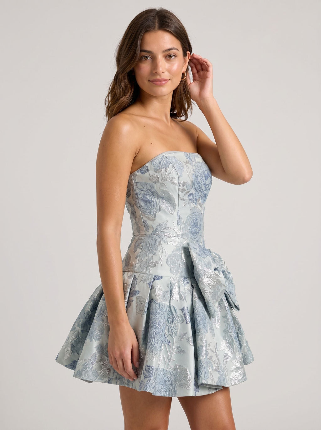Grey Blue Jacquard A-Line Straight Neck Back Zip Short Dress with Bow - Curvevia