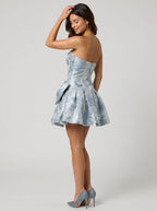 Grey Blue Jacquard A-Line Straight Neck Back Zip Short Dress with Bow - Curvevia