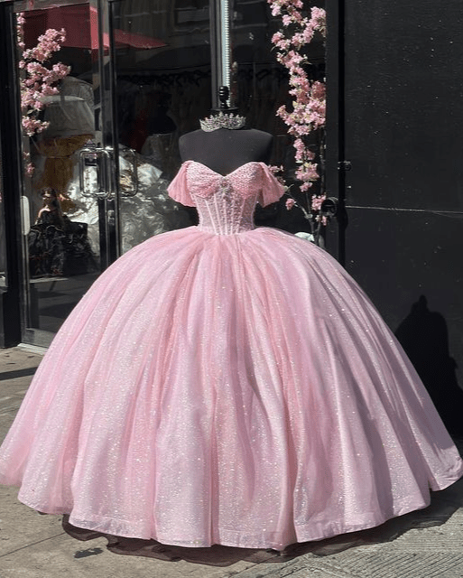 Glitter Off The Shoulder Pink Ball Gown Quinceanera Dresses - Curvevia