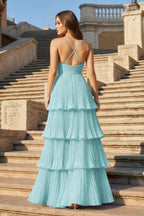 Dark Green A-Line Tiered Floor Length Chiffon Bridesmaid Dress - Curvevia