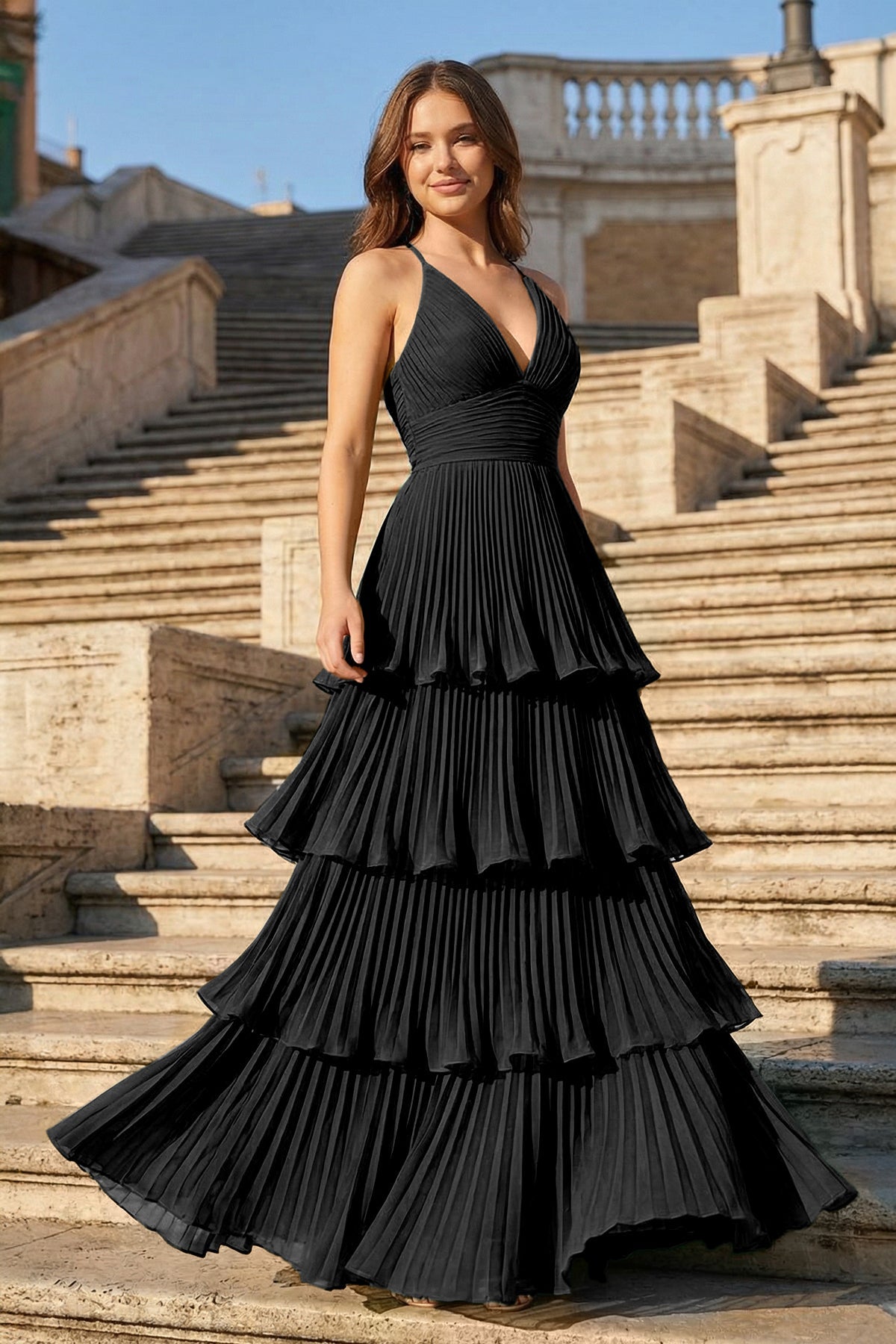 Dark Green A-Line Tiered Floor Length Chiffon Bridesmaid Dress - Curvevia