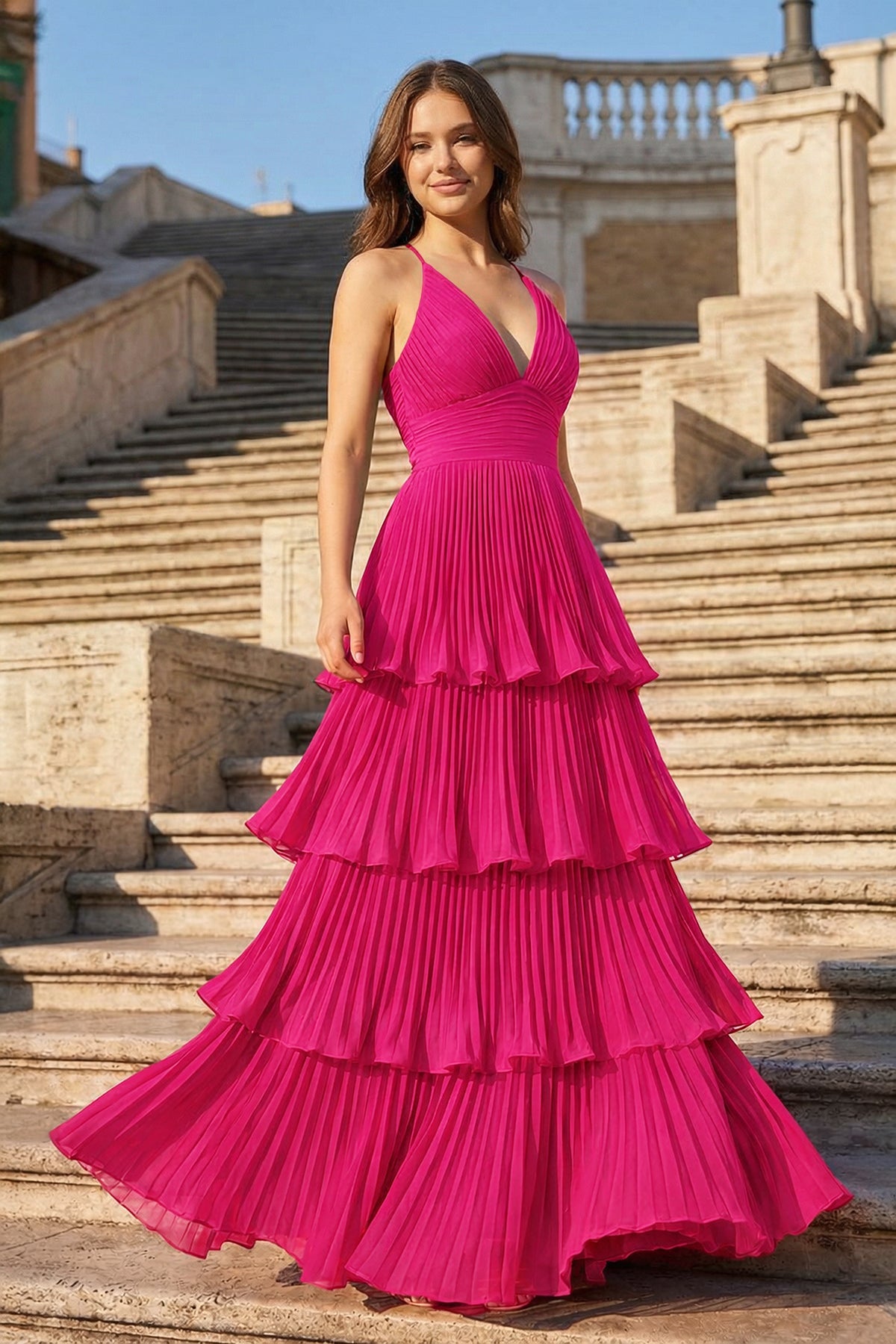 Dark Green A-Line Tiered Floor Length Chiffon Bridesmaid Dress - Curvevia