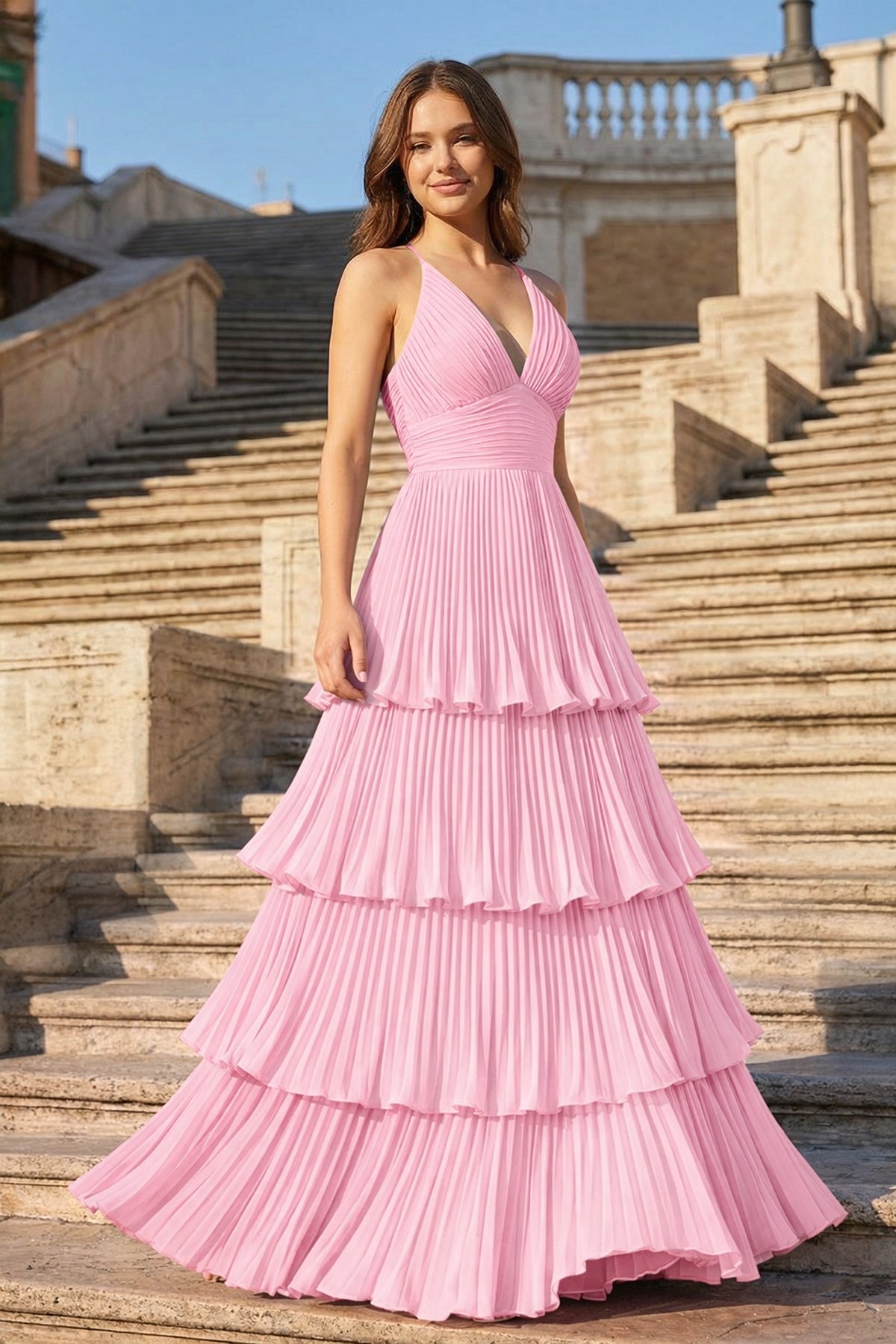 Dark Green A-Line Tiered Floor Length Chiffon Bridesmaid Dress - Curvevia