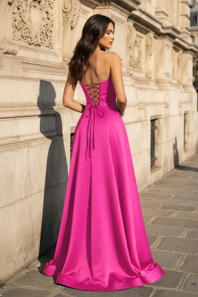 A Line Black Strapless Satin Evening Dress With Slit - Curvevia