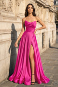 A Line Black Strapless Satin Evening Dress With Slit - Curvevia