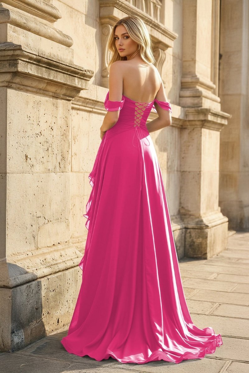 Peacock Off The Shoulder A Line Chiffon Pleated Long Evening Dress With Slit - Curvevia