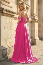 Peacock Off The Shoulder A Line Chiffon Pleated Long Evening Dress With Slit - Curvevia