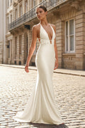 Plunge Neck Light Pink Mermaid Satin Long Evening Dress - Curvevia