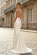 Plunge Neck Light Pink Mermaid Satin Long Evening Dress - Curvevia