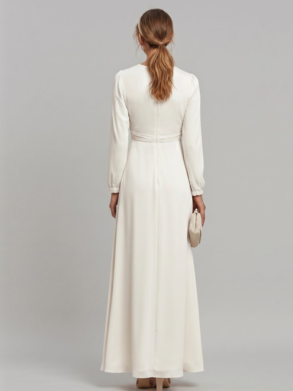 Elegant Ivory Matte Satin A-Line V-Neck Lace-up Ankle-Length Bridesmaid Dress - Curvevia