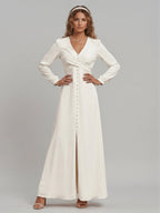 Elegant Ivory Matte Satin A-Line V-Neck Lace-up Ankle-Length Bridesmaid Dress - Curvevia