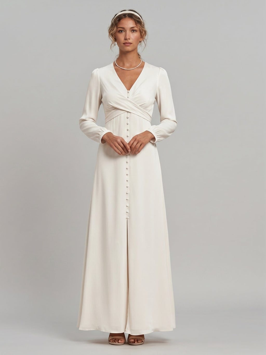 Elegant Ivory Matte Satin A-Line V-Neck Lace-up Ankle-Length Bridesmaid Dress - Curvevia