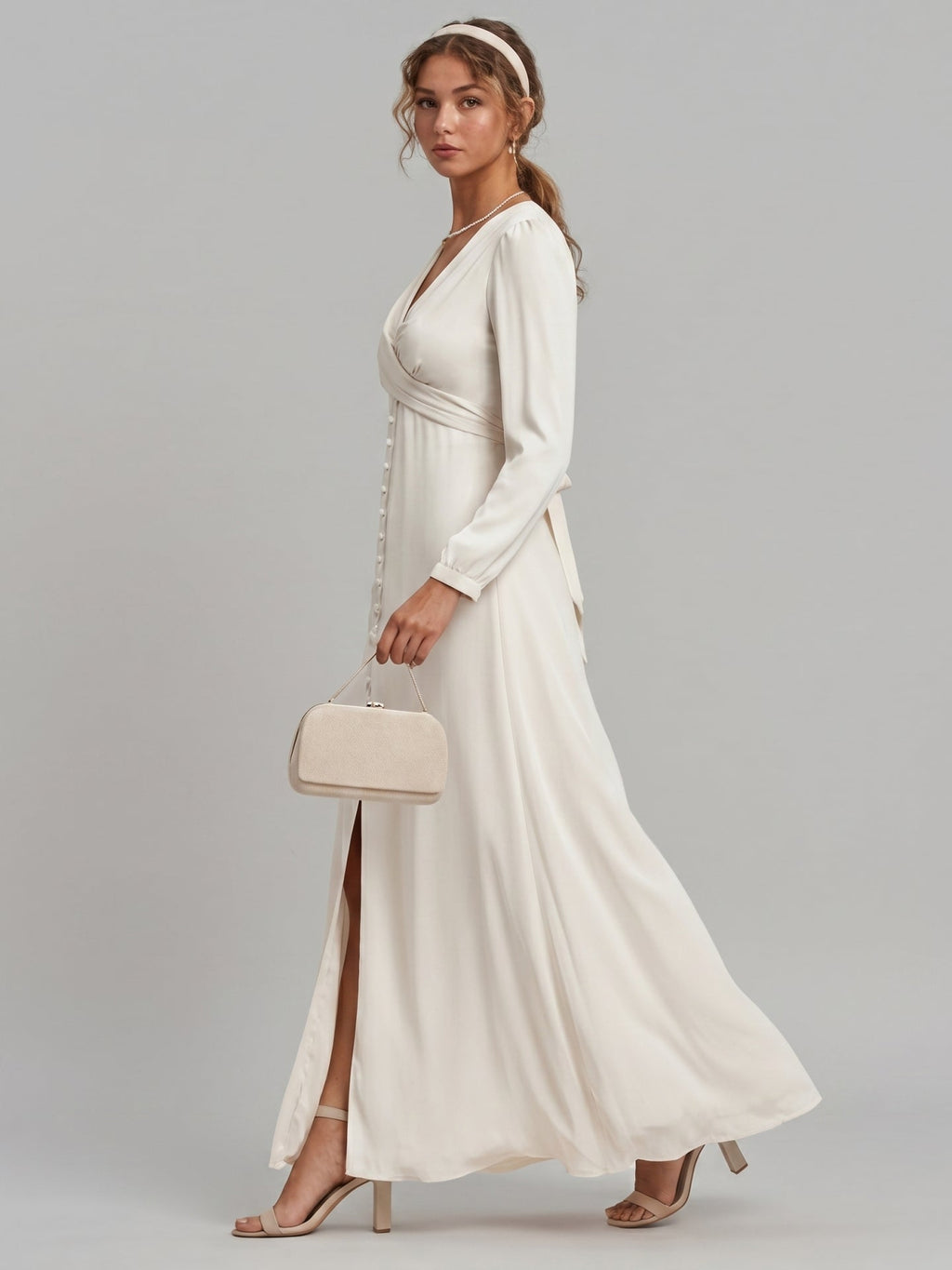 Elegant Ivory Matte Satin A-Line V-Neck Lace-up Ankle-Length Bridesmaid Dress - Curvevia
