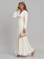 Elegant Ivory Matte Satin A-Line V-Neck Lace-up Ankle-Length Bridesmaid Dress - Curvevia