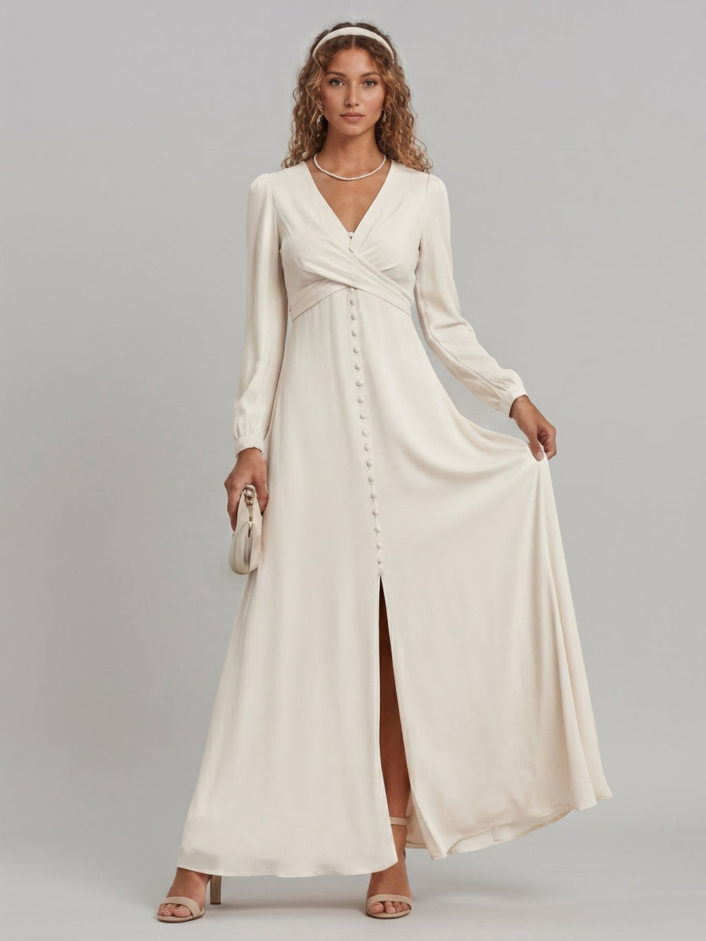 Elegant Ivory Matte Satin A-Line V-Neck Lace-up Ankle-Length Bridesmaid Dress - Curvevia