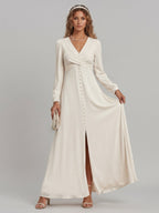 Elegant Ivory Matte Satin A-Line V-Neck Lace-up Ankle-Length Bridesmaid Dress - Curvevia
