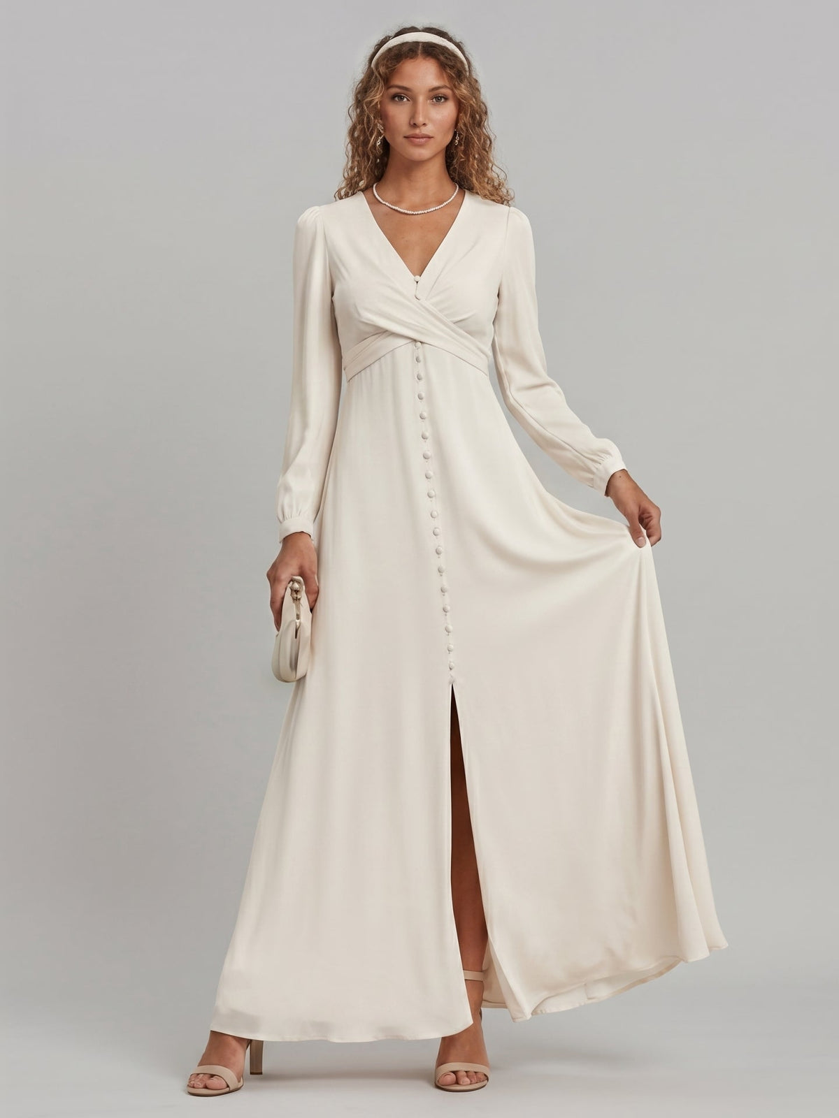 Elegant Ivory Matte Satin A-Line V-Neck Lace-up Ankle-Length Bridesmaid Dress - Curvevia