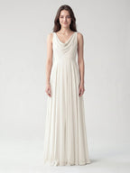Ivory Chiffon A-Line Cowl Neck Back Zip Floor-Length Bridesmaid Dress with Pleated Details - Curvevia