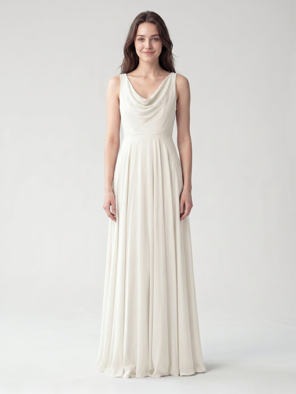 Ivory Chiffon A-Line Cowl Neck Back Zip Floor-Length Bridesmaid Dress with Pleated Details - Curvevia