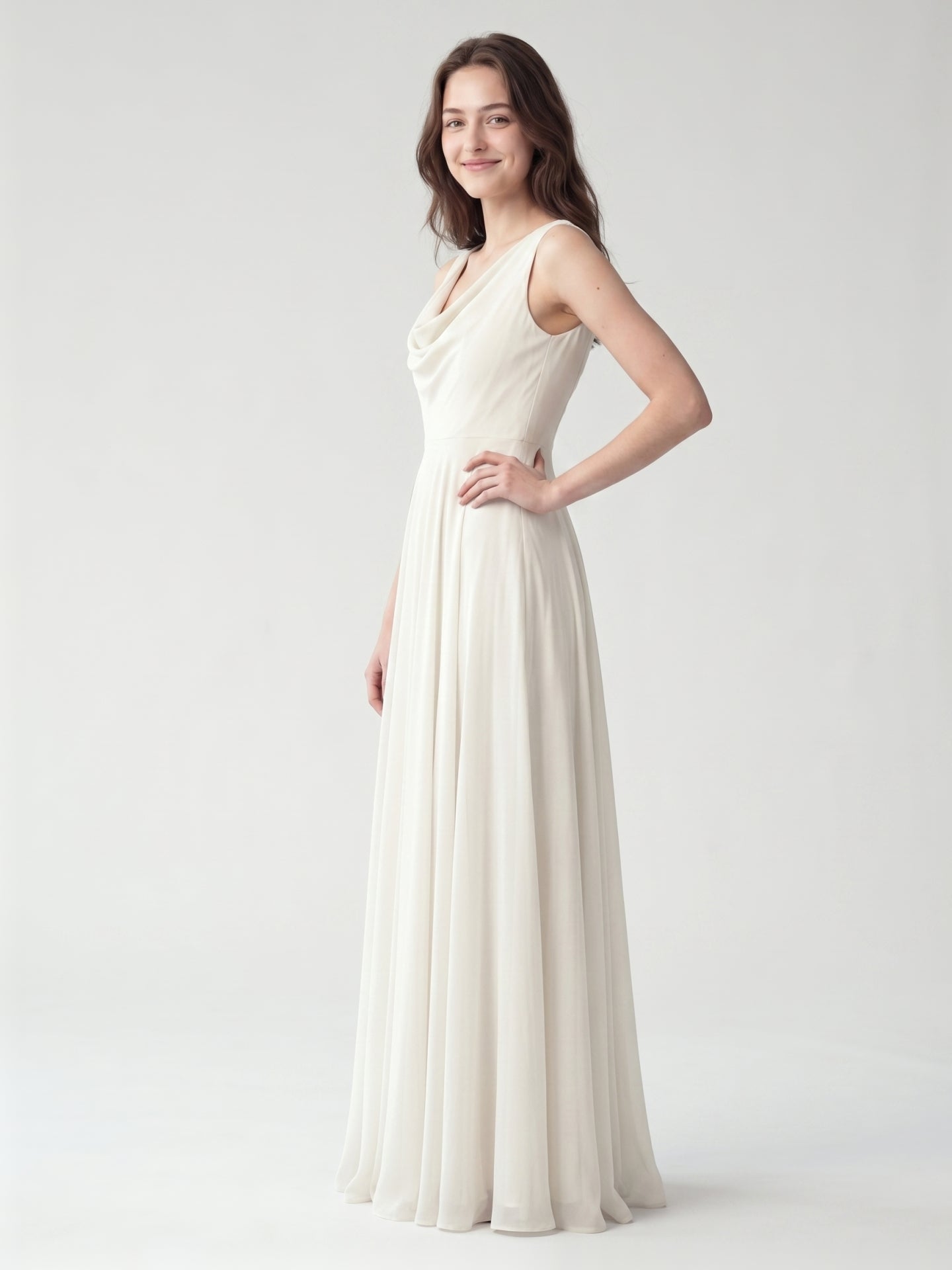 Ivory Chiffon A-Line Cowl Neck Back Zip Floor-Length Bridesmaid Dress with Pleated Details - Curvevia