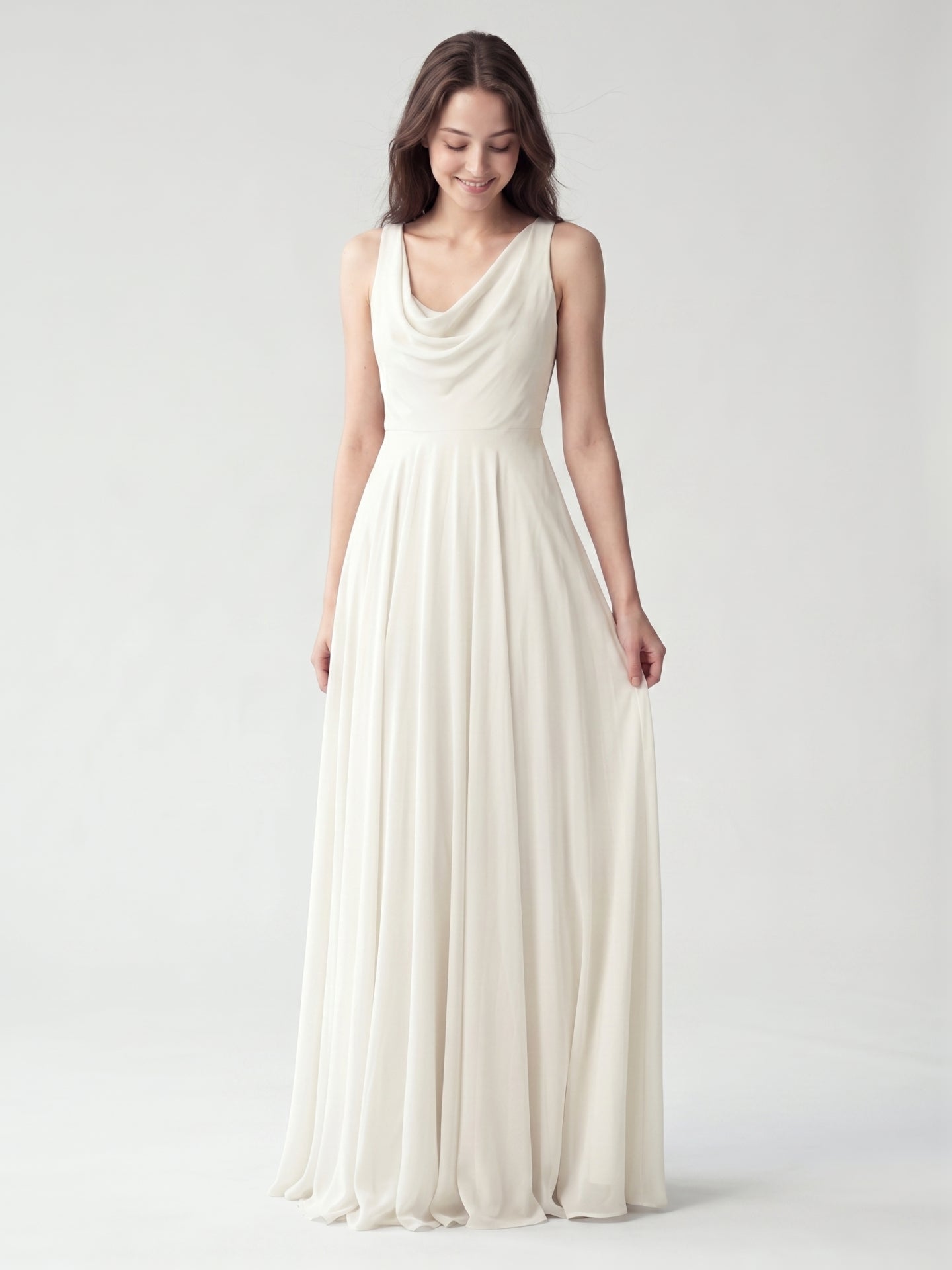 Ivory Chiffon A-Line Cowl Neck Back Zip Floor-Length Bridesmaid Dress with Pleated Details - Curvevia