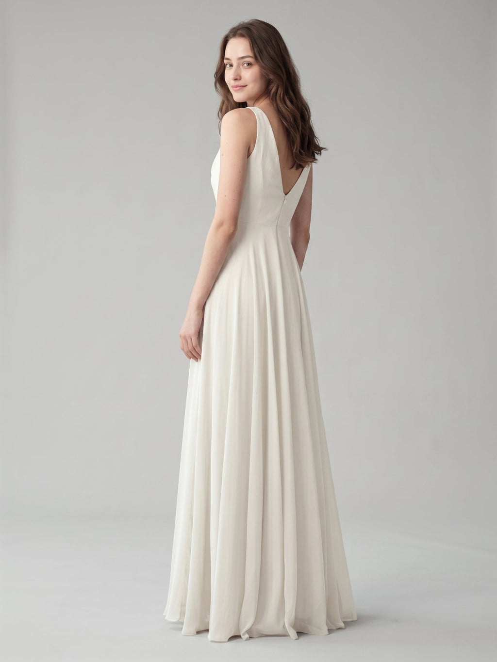 Ivory Chiffon A-Line Cowl Neck Back Zip Floor-Length Bridesmaid Dress with Pleated Details - Curvevia