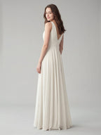 Ivory Chiffon A-Line Cowl Neck Back Zip Floor-Length Bridesmaid Dress with Pleated Details - Curvevia