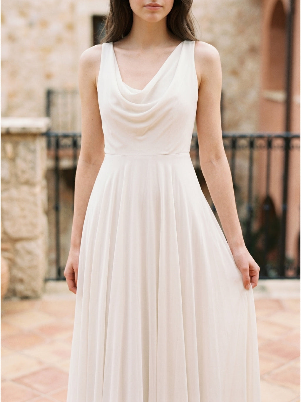 Ivory Chiffon A-Line Cowl Neck Back Zip Floor-Length Bridesmaid Dress with Pleated Details - Curvevia