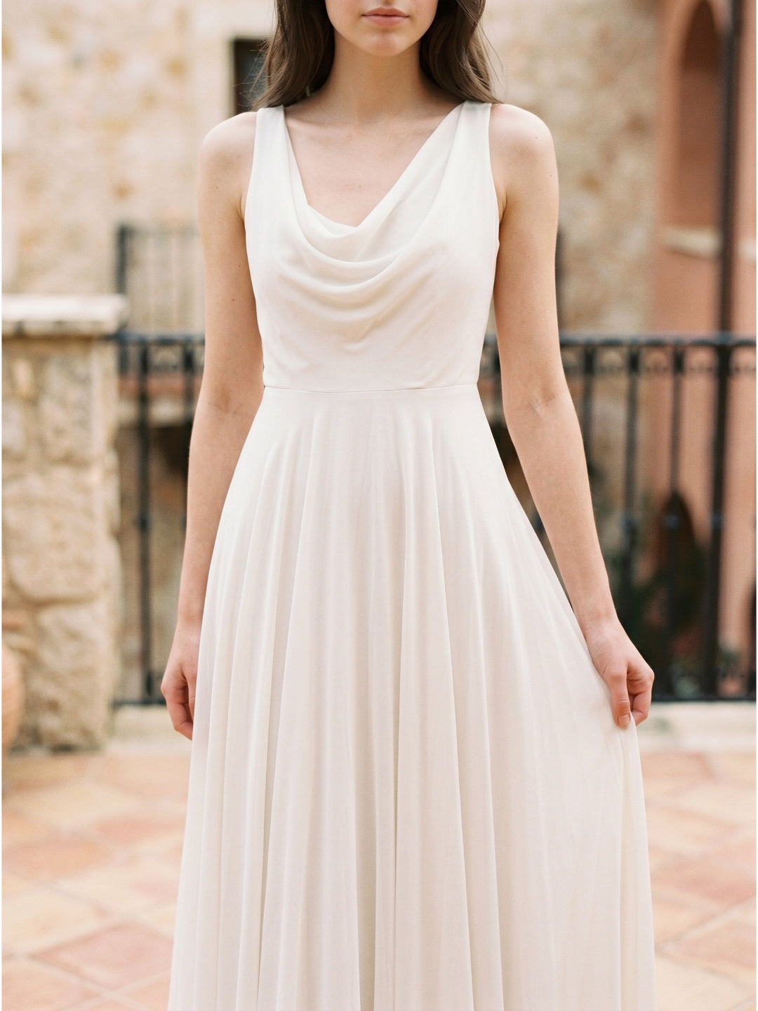 Ivory Chiffon A-Line Cowl Neck Back Zip Floor-Length Bridesmaid Dress with Pleated Details - Curvevia